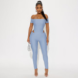 Autumn Women's Off Shoulder Solid Color Cutout Open Waist Short Sleeve Jumpsuit
