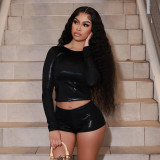 Autumn & Winter Women's Round Neck Shiny Cropped Pullover Open Waist Top Tight SLim Shorts Set