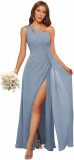 Summer Women's One Shoulder Pleated Long Chiffon Bridesmaid Dress High Split Party Gown