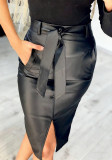Autumn/Winter Women High-Waist Fashion Belted PU Skirt