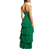 Women's Fashion Sexy Solid Color Sleeveless Strapless Shirred Ruffle Long Dress