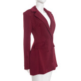 Autumn & Winter Women's Fashion Solid Color Deep V Neck Slim Waist Chic Blazer Dress