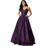 Women's Strap Deep V Neck Long Satin Dress Prom Formal Party Evening Gown