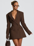 Autumn & Winter Women's Fashion Solid Color Deep V Neck Slim Waist Chic Blazer Dress