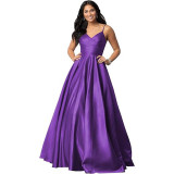 Women's Strap Deep V Neck Long Satin Dress Prom Formal Party Evening Gown