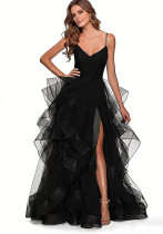 Women's V Neck Tulle Long Prom Dress Strap Layered Evening Gown