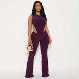 Autumn & Winter Women's Round Neck Cutout Low Back Drawstring Waist Bodysuit High Waist Bell Bottom Pants Set