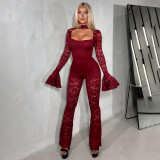 Autumn & Winter Women's Solid Color Sexy Cutout Bell Bottom Long Sleeve Slim Waist Lace Jumpsuit