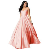Women's Strap Deep V Neck Long Satin Dress Prom Formal Party Evening Gown