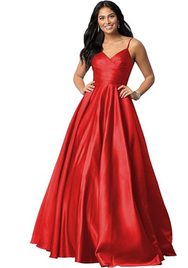 Women's Strap Deep V Neck Long Satin Dress Prom Formal Party Evening Gown