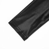 Autumn & Winter Women's Round Neck Shiny Cropped Pullover Open Waist Top Tight SLim Shorts Set