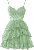 Women's Strap Tulle Layered Short Prom Dress Shiny Lace Tight Fitting Formal Party Gown