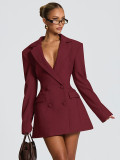 Autumn & Winter Women's Fashion Solid Color Deep V Neck Slim Waist Chic Blazer Dress
