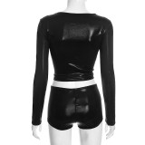 Autumn & Winter Women's Round Neck Shiny Cropped Pullover Open Waist Top Tight SLim Shorts Set