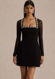 Women's Sexy Mesh Patchwork Rhinestone U Neck Black Chic Dress