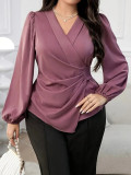 Plus Size Women Solid V-Neck Long-Sleeve Shirt
