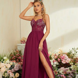 Women halter strap strapless slit sexy evening dress