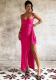Women Sweetheart Neck Slit Gathered Halter Neck Lace-Up Maxi Dress