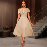 Women Off-Shoulder Jacquard One-Shoulder Bow Formal Party Dress