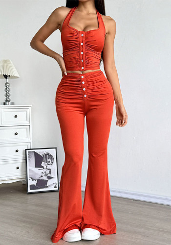 Women Summer Sexy Pleated Halter Neck Tank Top and Pants Two-Piece Set