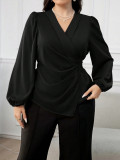 Plus Size Women Solid V-Neck Long-Sleeve Shirt