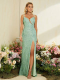 Women halter V-neck mesh see-through fishtail slit evening dress