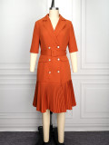 Women Turndown Collar Belted Pleated Dresses