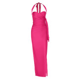 Women Sweetheart Neck Slit Gathered Halter Neck Lace-Up Maxi Dress