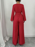 Women Solid V-Neck Pleated Tie Wide-Leg Jumpsuit