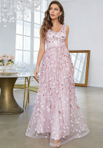 Women evening maxi dress peach pink sleeveless elegant V-neck evening dress