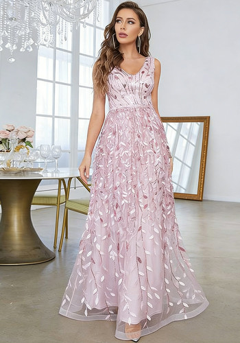 Women evening maxi dress peach pink sleeveless elegant V-neck evening dress