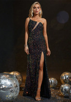 Women one-shoulder irregular mesh see-through fishtail slit evening ball dress bridesmaid dress elegant sequined evening dress