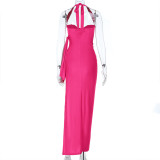 Women Sweetheart Neck Slit Gathered Halter Neck Lace-Up Maxi Dress