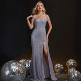 Women off-shoulder slit fishtail strapless evening dress