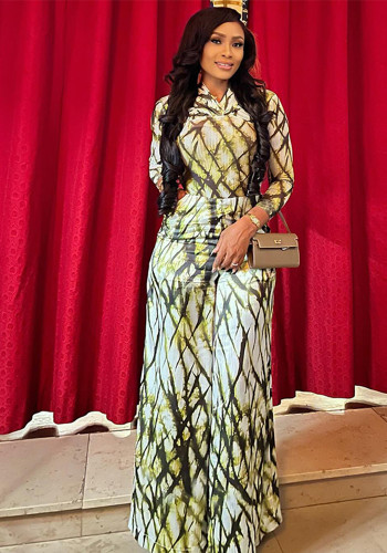 Women printed pleated long-sleeved top and pant two-piece set