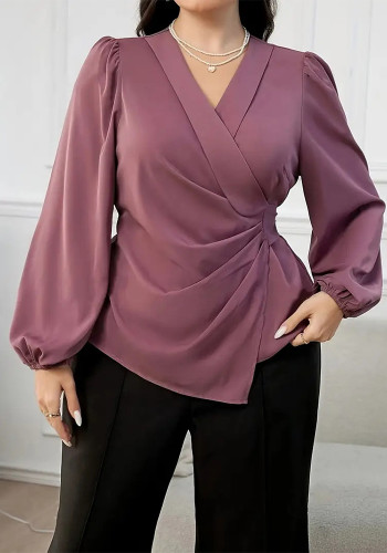 Plus Size Women Solid V-Neck Long-Sleeve Shirt
