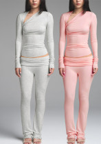Women Solid Sexy Long Sleeve Slash Shoulder Top and Pant Two-Piece Set