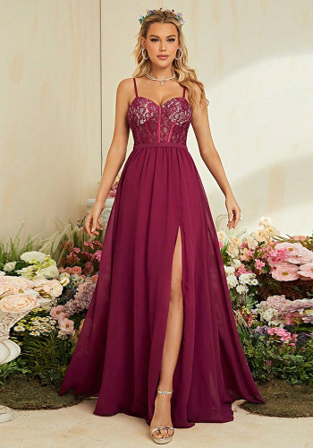 Women halter strap strapless slit sexy evening dress
