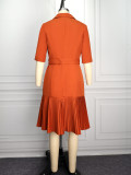Women Turndown Collar Belted Pleated Dresses