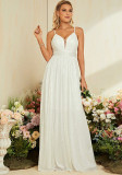 Women White Spaghetti Strap Ball Party Beach Wedding Evening Dress