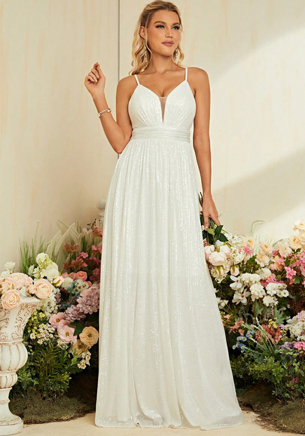Women White Spaghetti Strap Ball Party Beach Wedding Evening Dress