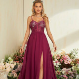 Women halter strap strapless slit sexy evening dress