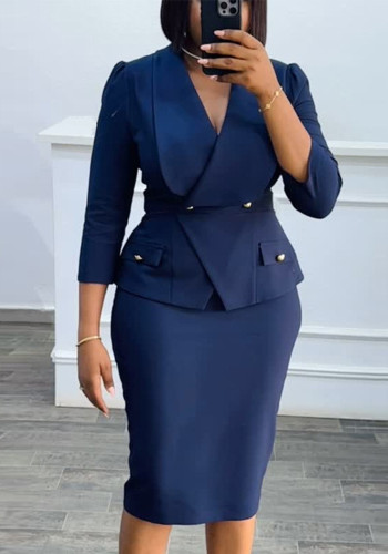 Women Turndown Collar Ruffle Bodycon Dress