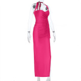 Women Sweetheart Neck Slit Gathered Halter Neck Lace-Up Maxi Dress