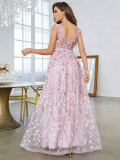 Women evening maxi dress peach pink sleeveless elegant V-neck evening dress