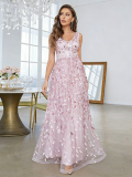 Women evening maxi dress peach pink sleeveless elegant V-neck evening dress