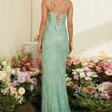 Women halter V-neck mesh see-through fishtail slit evening dress