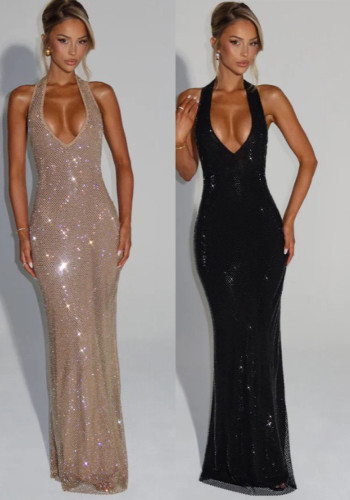 Women sexy V-neck sleeveless halter neck sequined backless bodycon dress