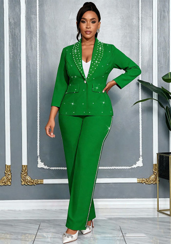 Women Beaded Blazer and Pant Two-Piece Set