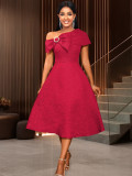 Women Off-Shoulder Jacquard One-Shoulder Bow Formal Party Dress